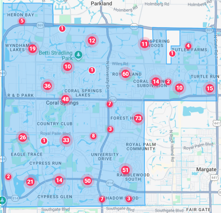 map of Coral Springs homes for sale